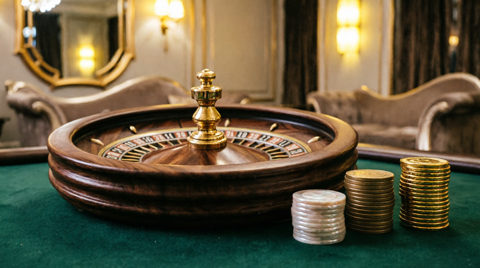 Detalle de las mesas de juego y fichas de nácar del casino del buque