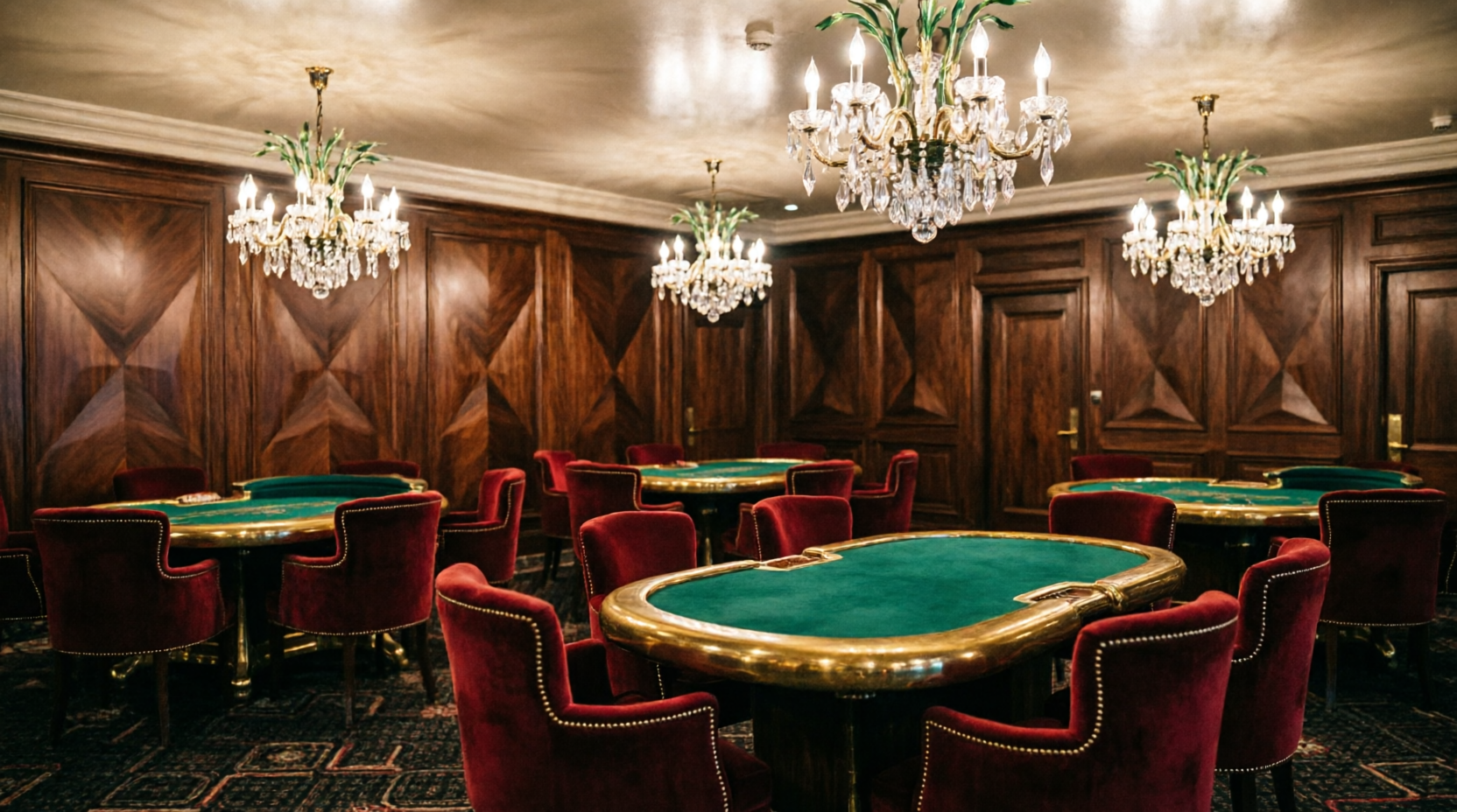 Salón principal del casino a bordo con mesas de paño verde y lámparas de cristal