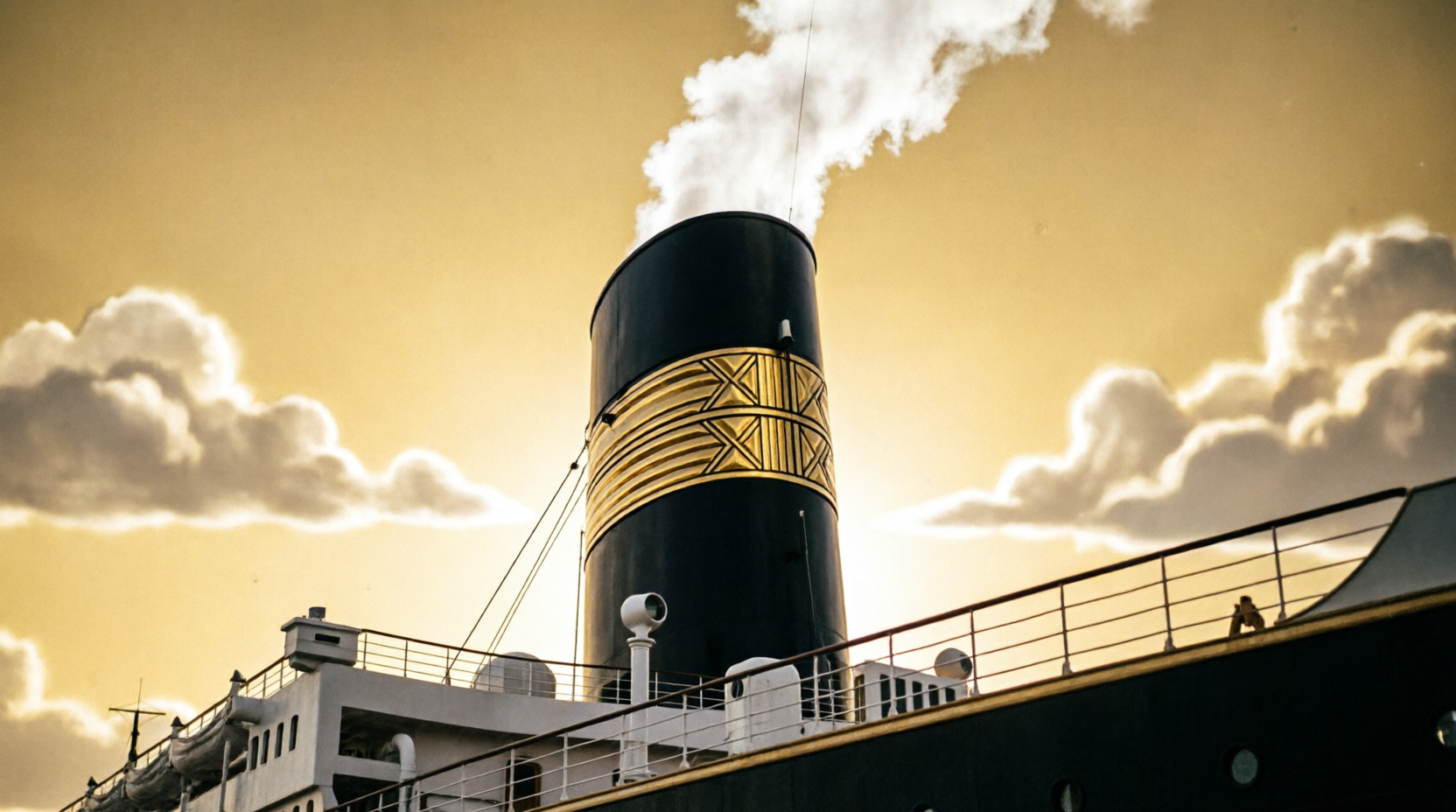 Chimenea esbelta del buque contra el cielo dorado